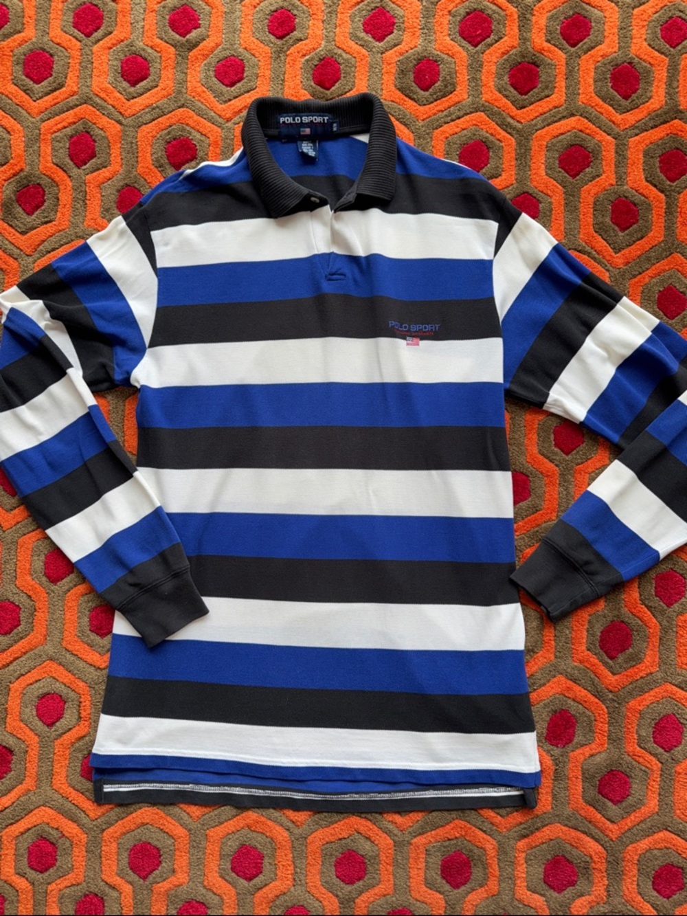 MAKE OFFER! Ralph Lauren Polo Sport Blue, Black & White Striped Rugby Polo Shirt